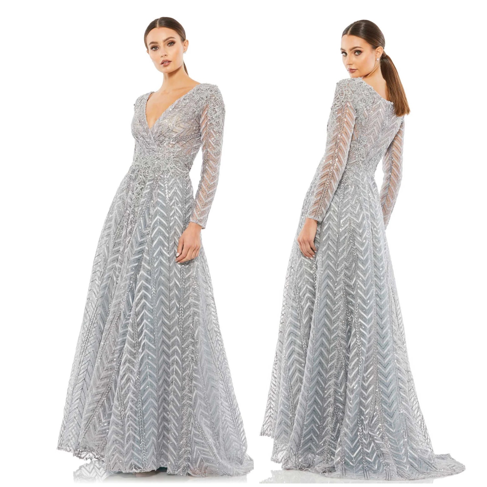 Mac Duggal Nwt Embellished Illusion Long Sleeve Chevron Gown Size 4 Platinum